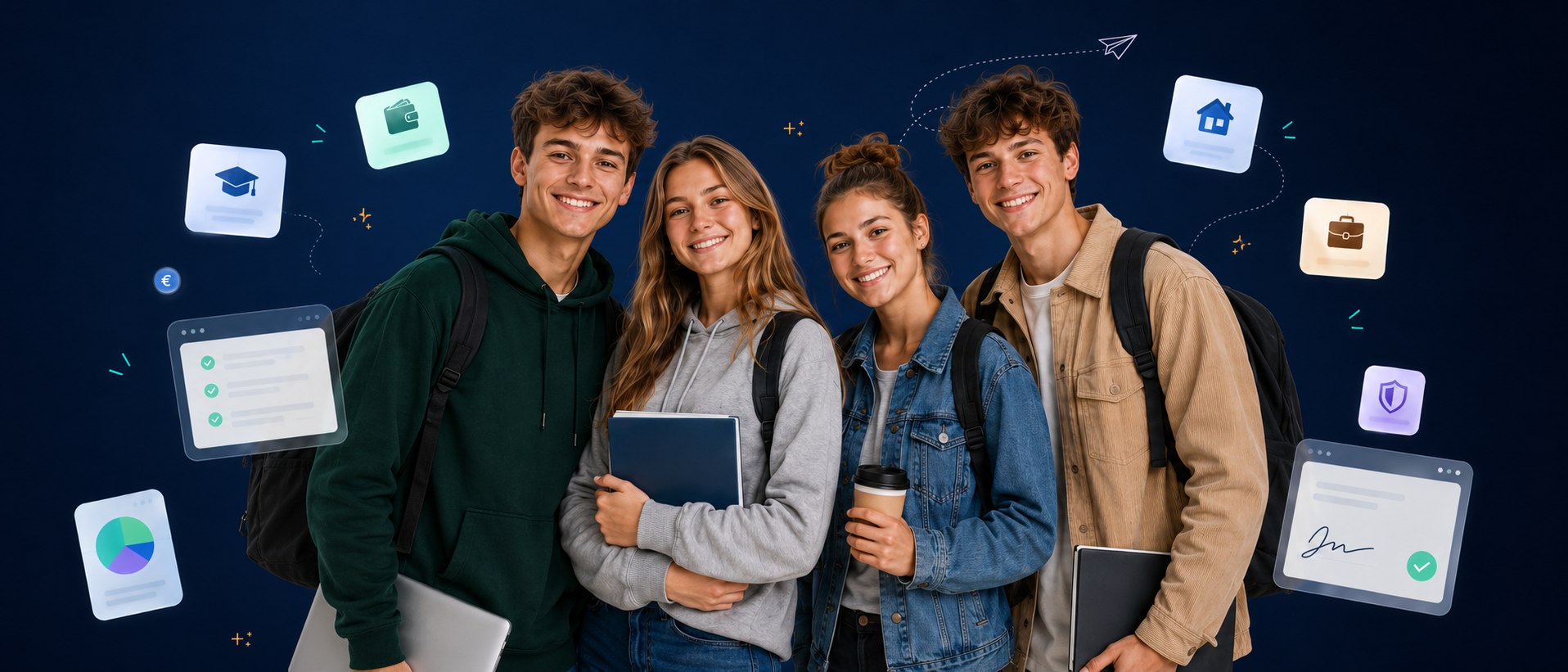 Vier junge Menschen, umgeben von Symbolen für Geld, Wohnen, Ausbildung, Beruf, Versicherungen und Verträge
